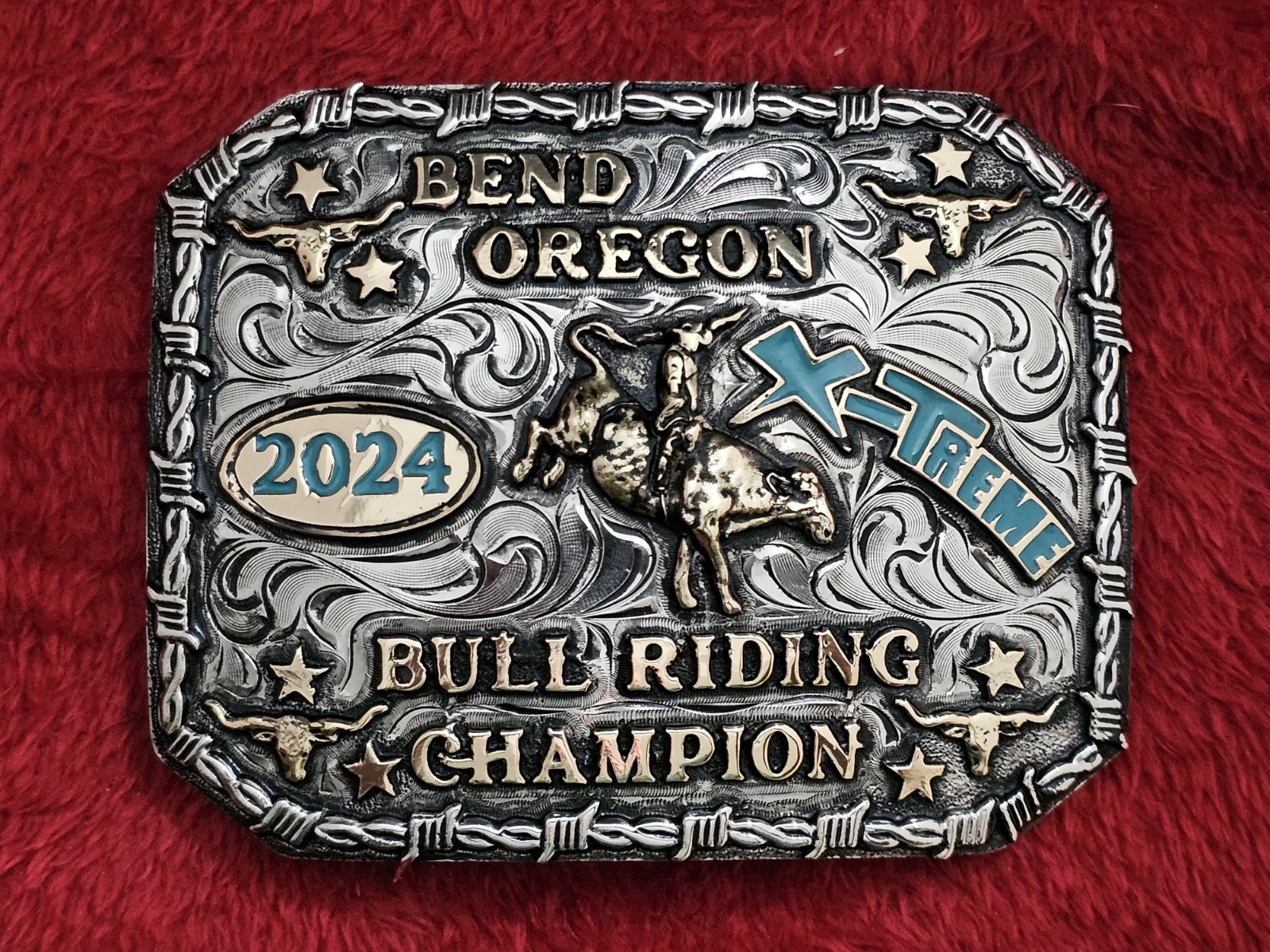 RODEO☆X~TREME☆2024☆Mega Bull Riding CHAMPION TROPHY BUCKLE☆Bend Oregon☆Rare☆W33