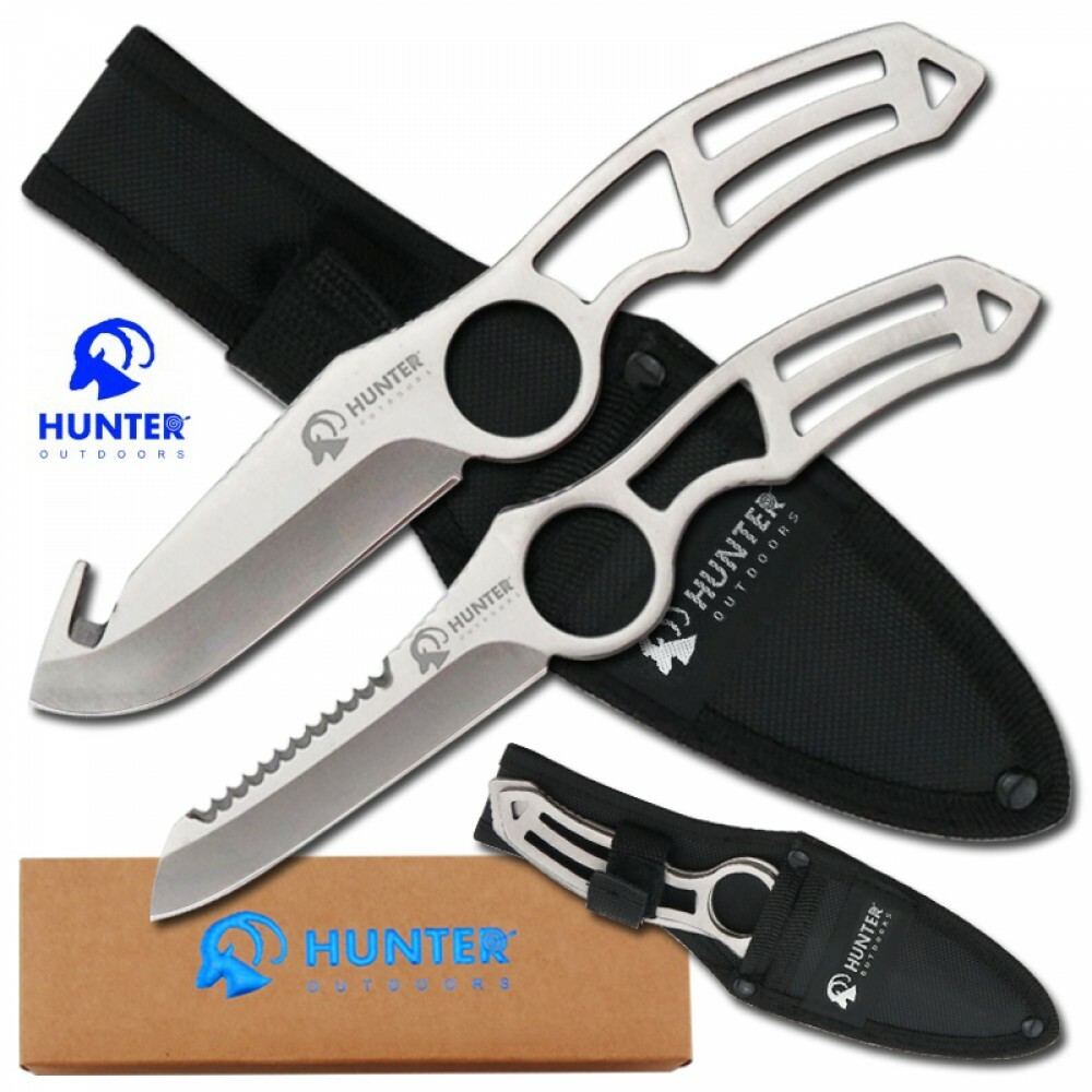 2 pc Hunting Knife Set Gut Hook & Bone Saw Blade Full Tang Tactical W Sheath