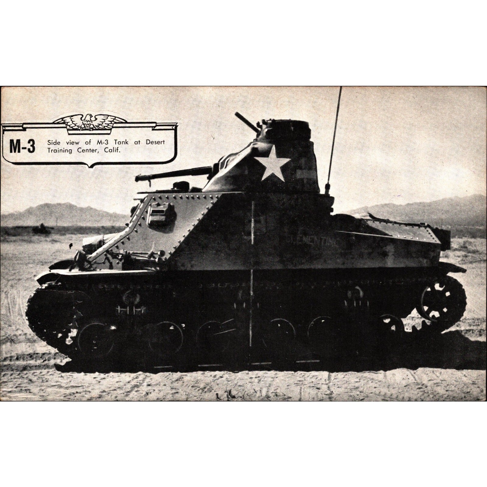 rare M-3 Side View of M-3 Tank at Desert Lithograph WWII Era Army USA
