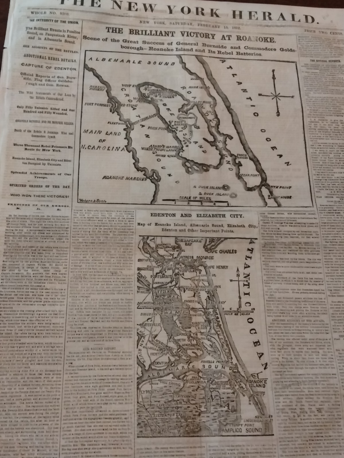 Civil War Newspapers- BRILLIANT VICTORY AT ROANOKE, BOMBARDMENT OF FORT DONELSON