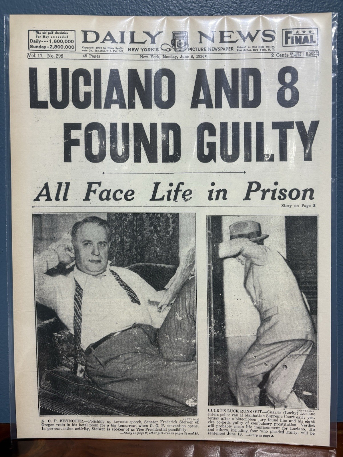 VINTAGE NEWSPAPER HEADLINE CHARLES LUCKY LUCIANO FOUND GUILTY FACES LIFE PRISON