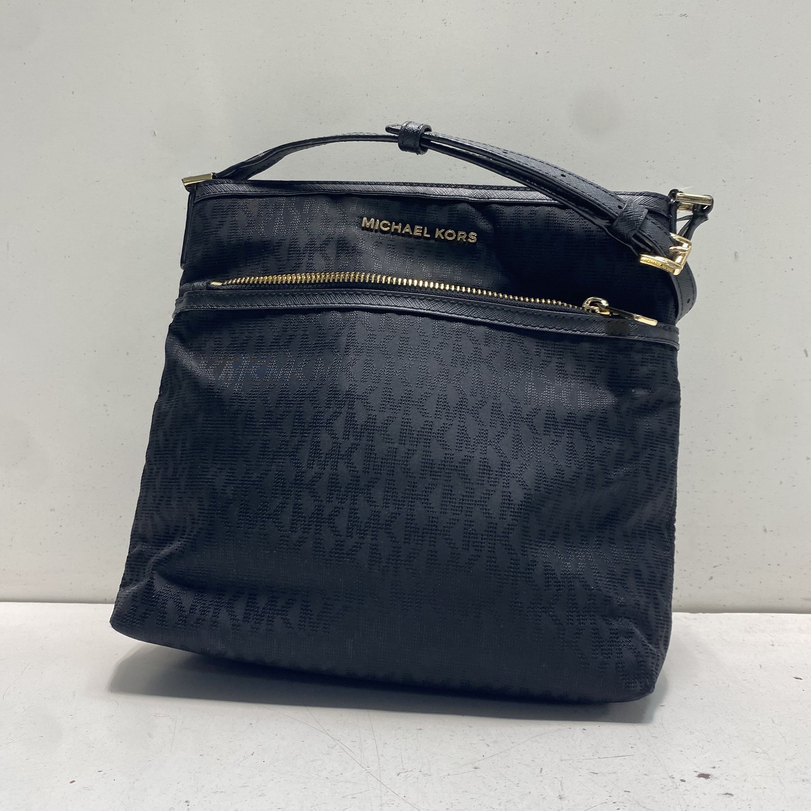 Michael Kors Black Monogram Kenly Large North South Crossbody Bag Gold Hardware