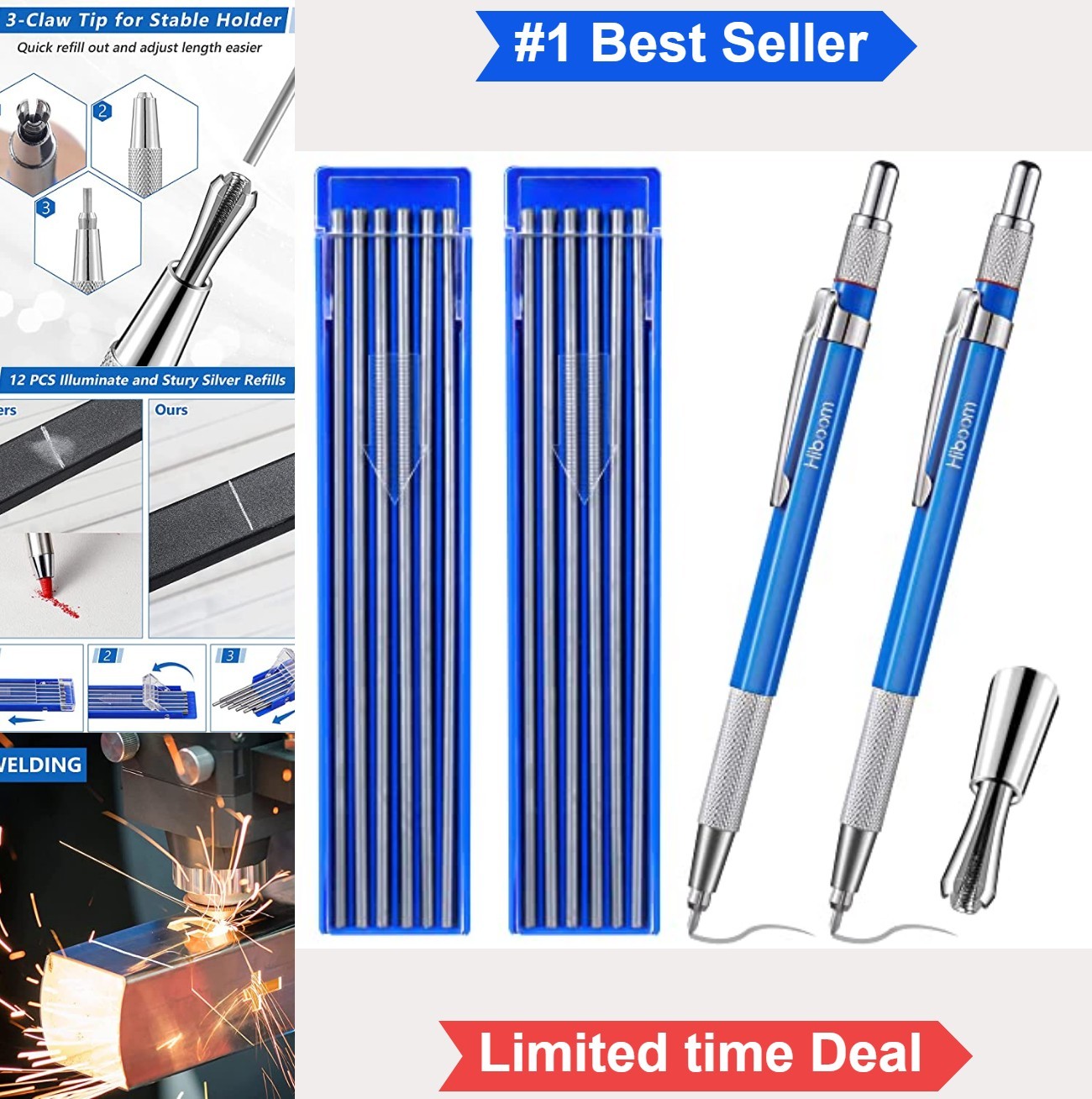 2 Pcs Welding Pencil 2mm Silver Round Refills Metal Marker Built in Sharpener