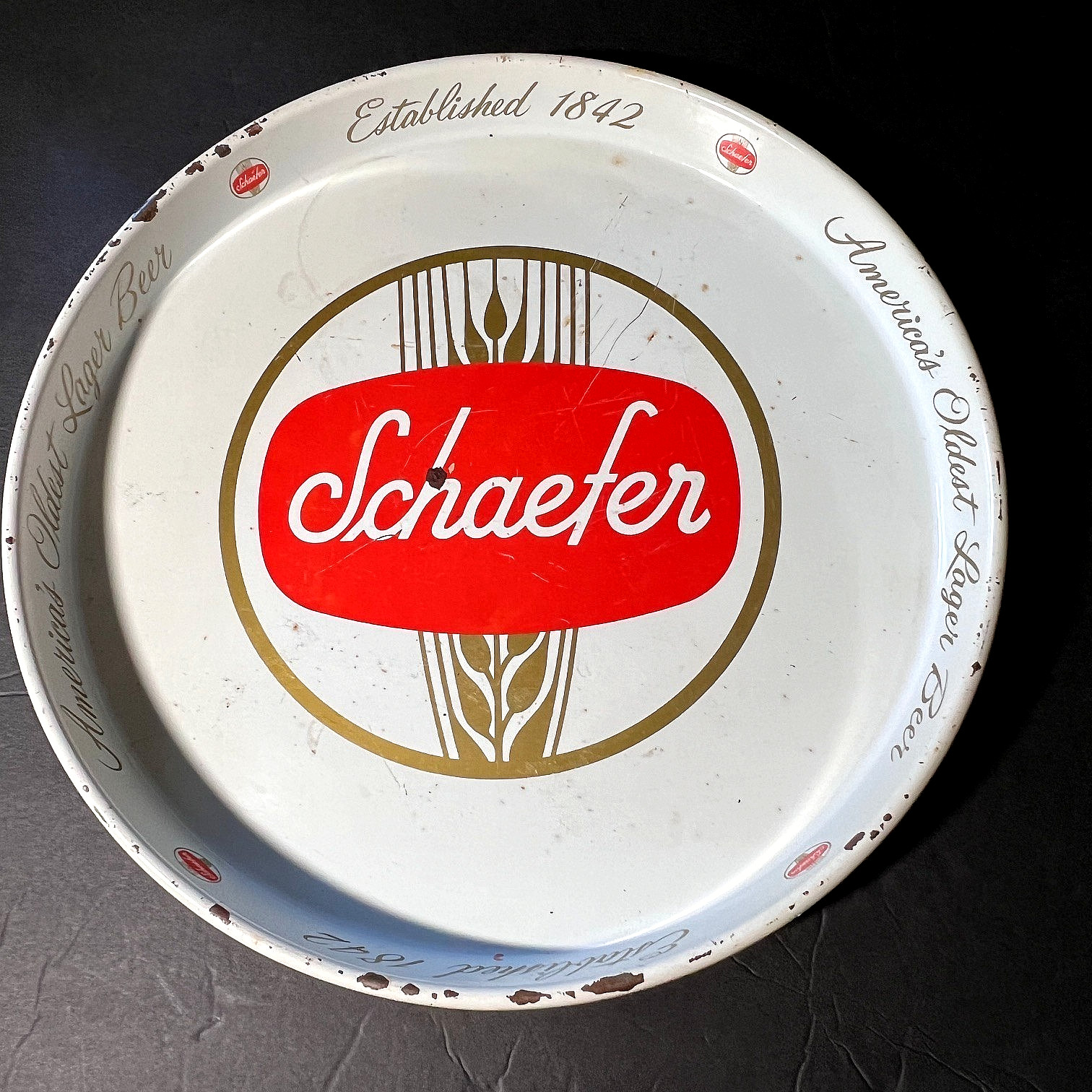 Vtg Schaefer Beer Metal Serving Tray Lots of Character Rust, Scratches, Scuffs