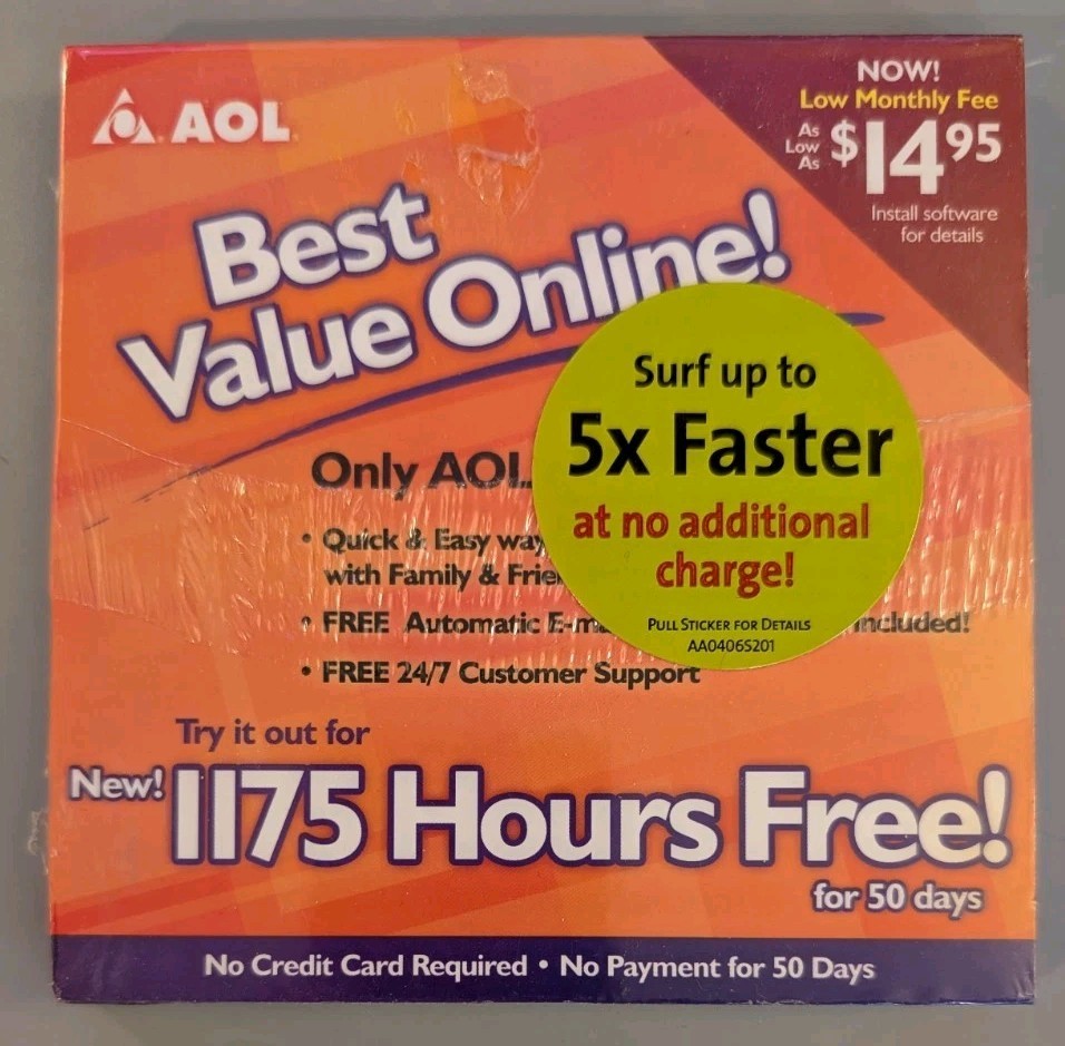 Vintage AOL CD-ROM 1175 Hours Free Sealed 2004 Orange Cardboard Sleeve 10 Games