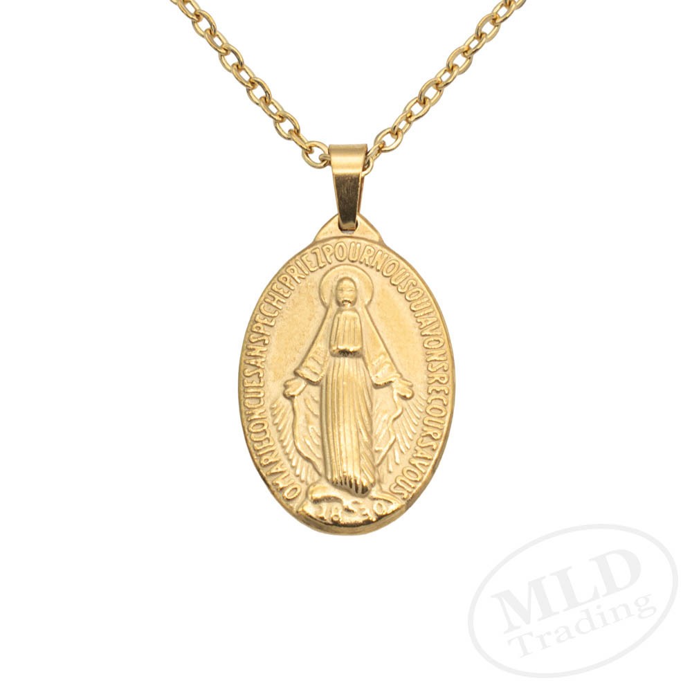 Gold Miraculous Medal Necklace – Stainless Steel Catholic Pendant 18\
