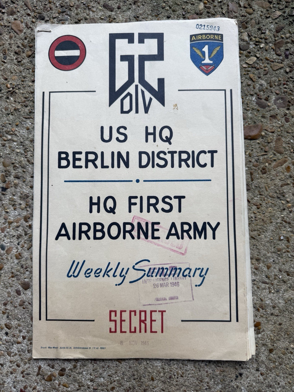 RARE WW2 Airborne 1st Army Secret Document Berlin Intelligence Summary Occupied