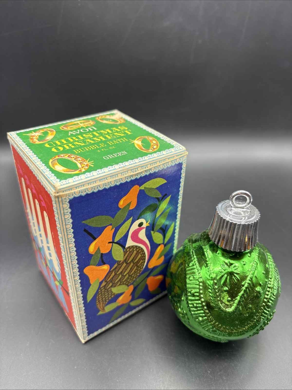 Avon New, Green Christmas Ornament Bottle With Original Box Full Bubble Bath