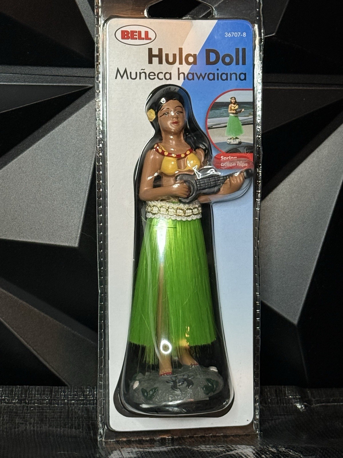 Bell Hawaiian Hula Girl Dashboard Doll Figurine with Green Skirt