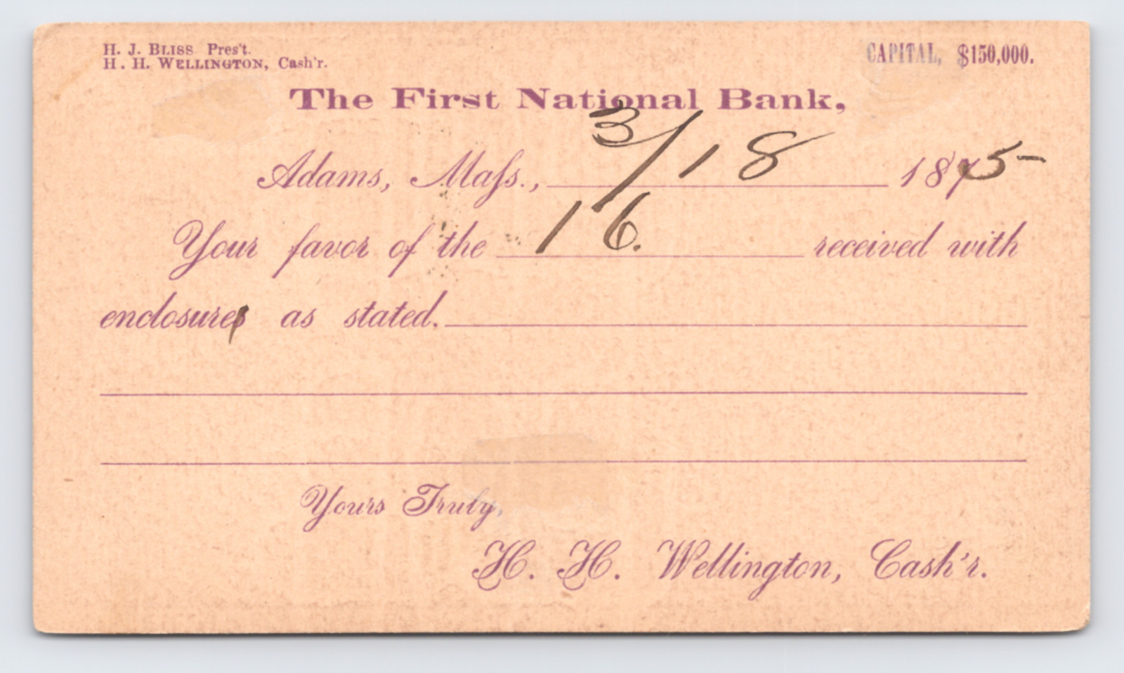 1875 First National Bank Adams MA Postal Card Violet Ink to Black & Co NYC