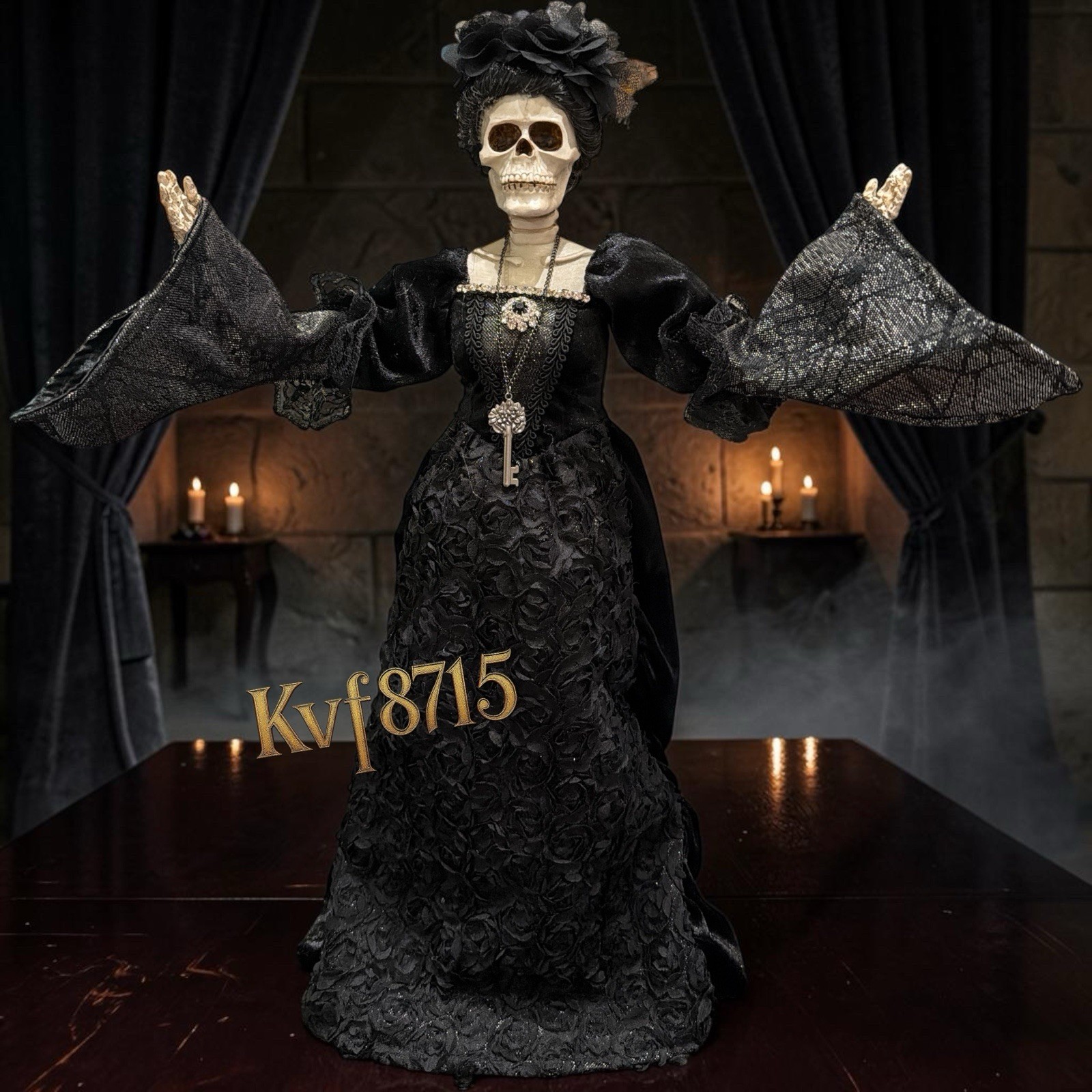 Gothic Skeleton Bride Lady Figurine Black Floral Dress Halloween 21“ New