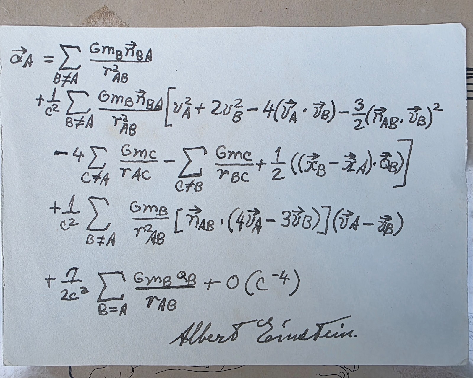 Rare Albert Einstein Original Hand Written Equation On Paper