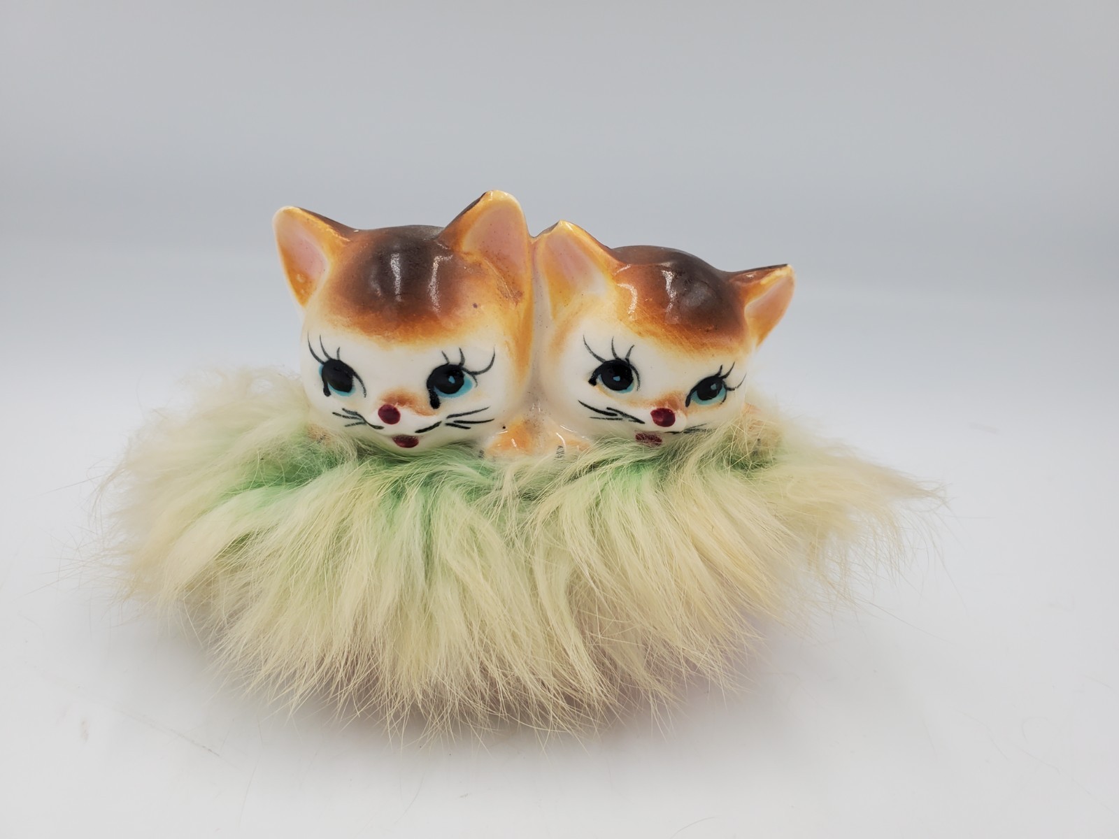 Vintage 2 Kittens In Pink Basket Figurine W/Rabbit Fur Ceramic Kitschy MCM Cat