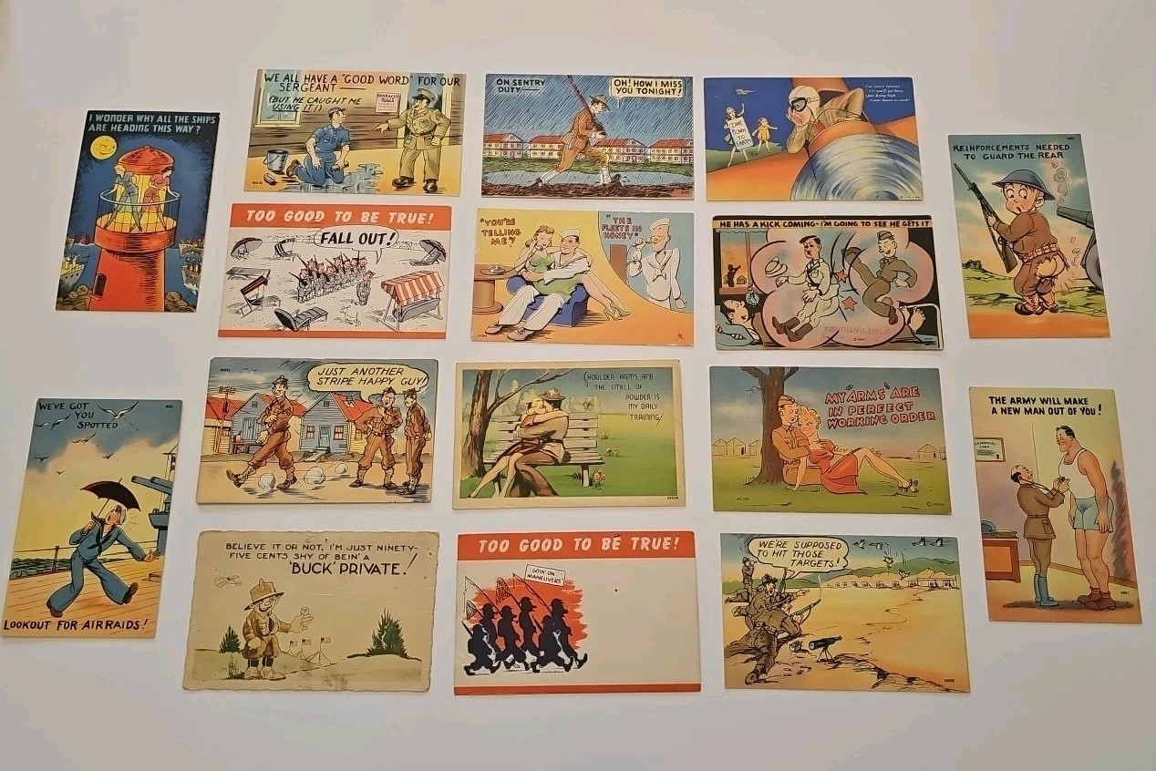 Lot Of 16 Vintage WWII Cartoon Humour Postcards U.S.  1941- 1943