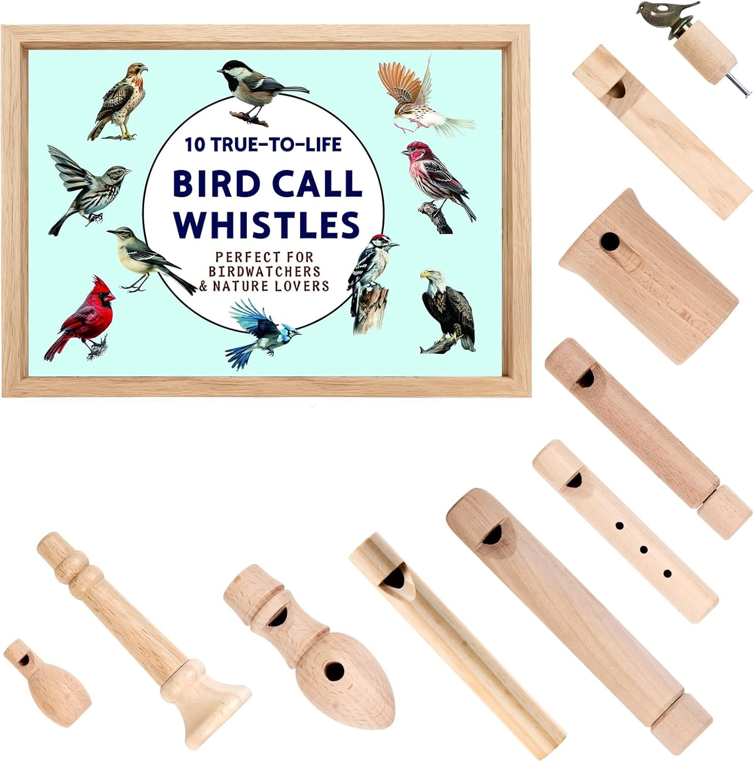 10-Pc Handcrafted Wooden Bird Call Set, Acrylic Box, Bird Lover Gift