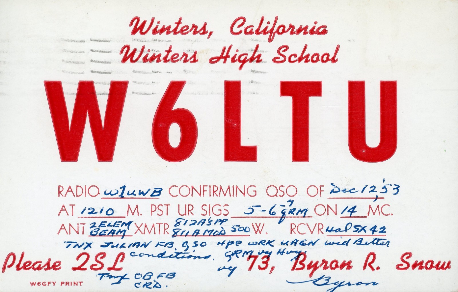 Vintage Amateur Radio QSL Postcard, 1953, W6LTU, Winters, CA, Scott #C39