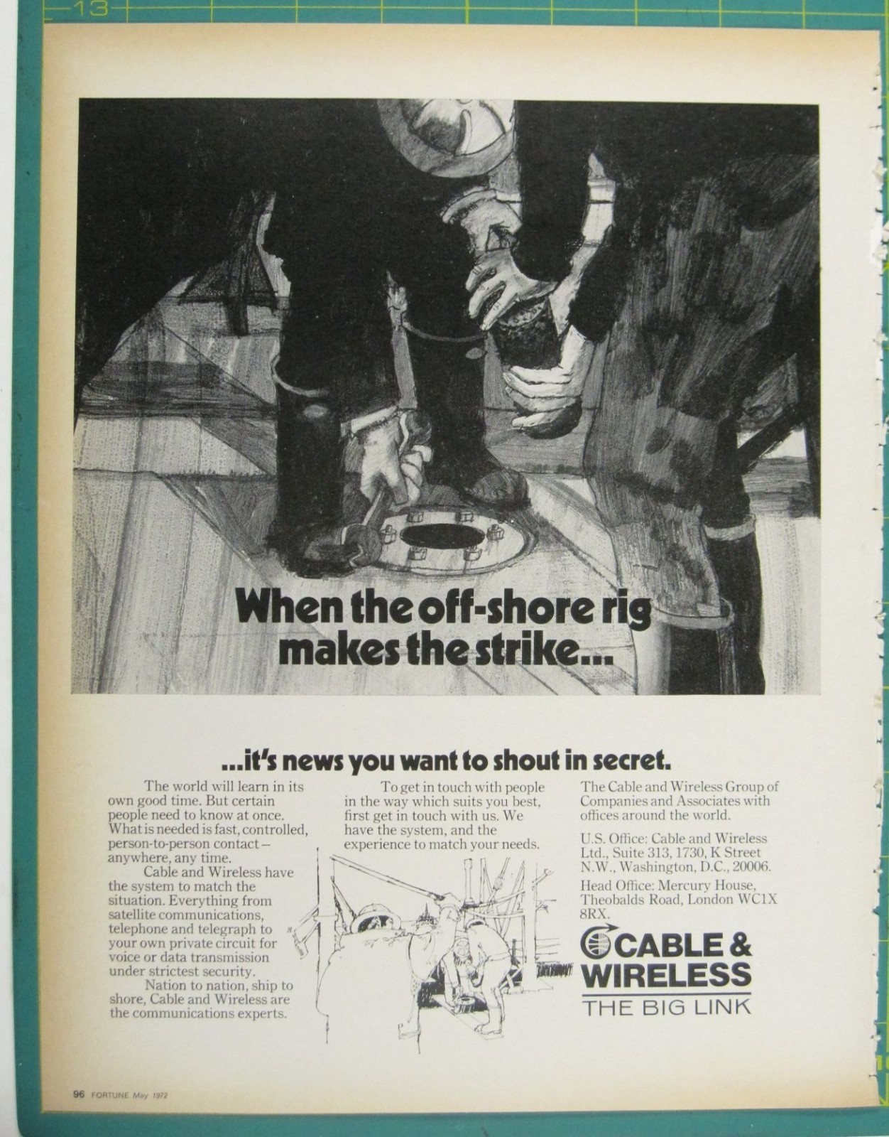 Print Ad Cable Wireless Offshore Rig Contact Services Vintage 1972
