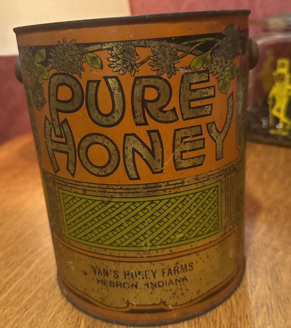 Antique Advertising/ Honey Bee Pure Honey Bucket / Tin Bee Hives On Farm 