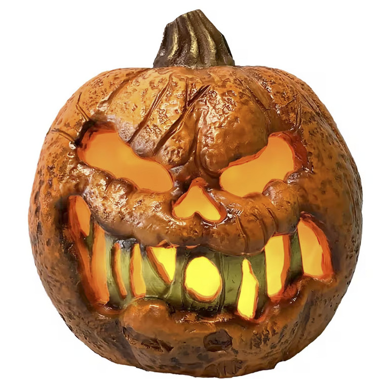 8in Lighted Flaming Pumpkin Jack O Lantern Halloween Decor Animated Timer Prop