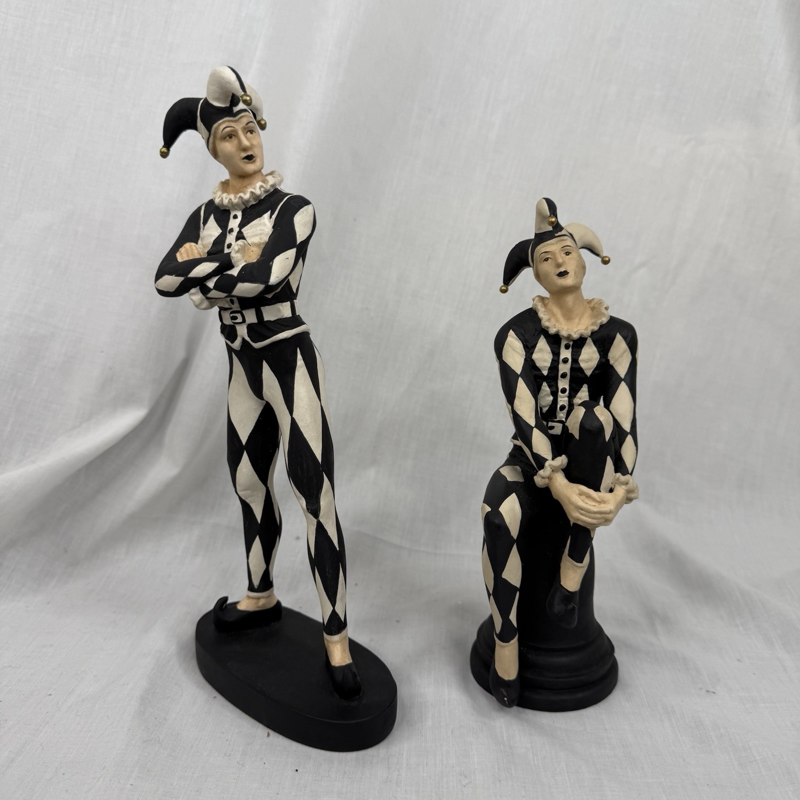 Pair Harlequin Jester Clown Resin Figurine on Base, Painted Black & White Decor