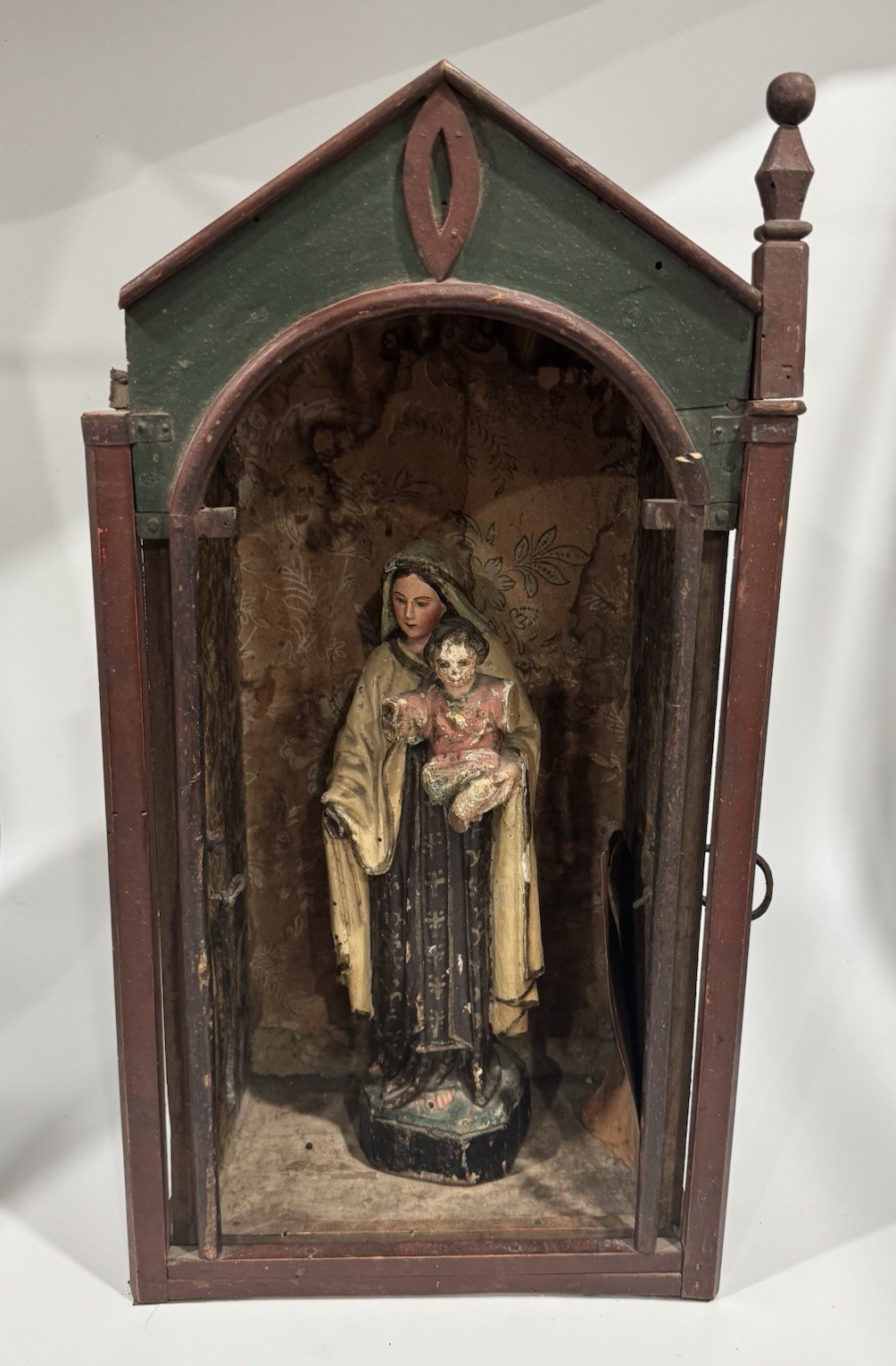 Antique Madonna & Child Santo Painted  Wood Polychrome with Display