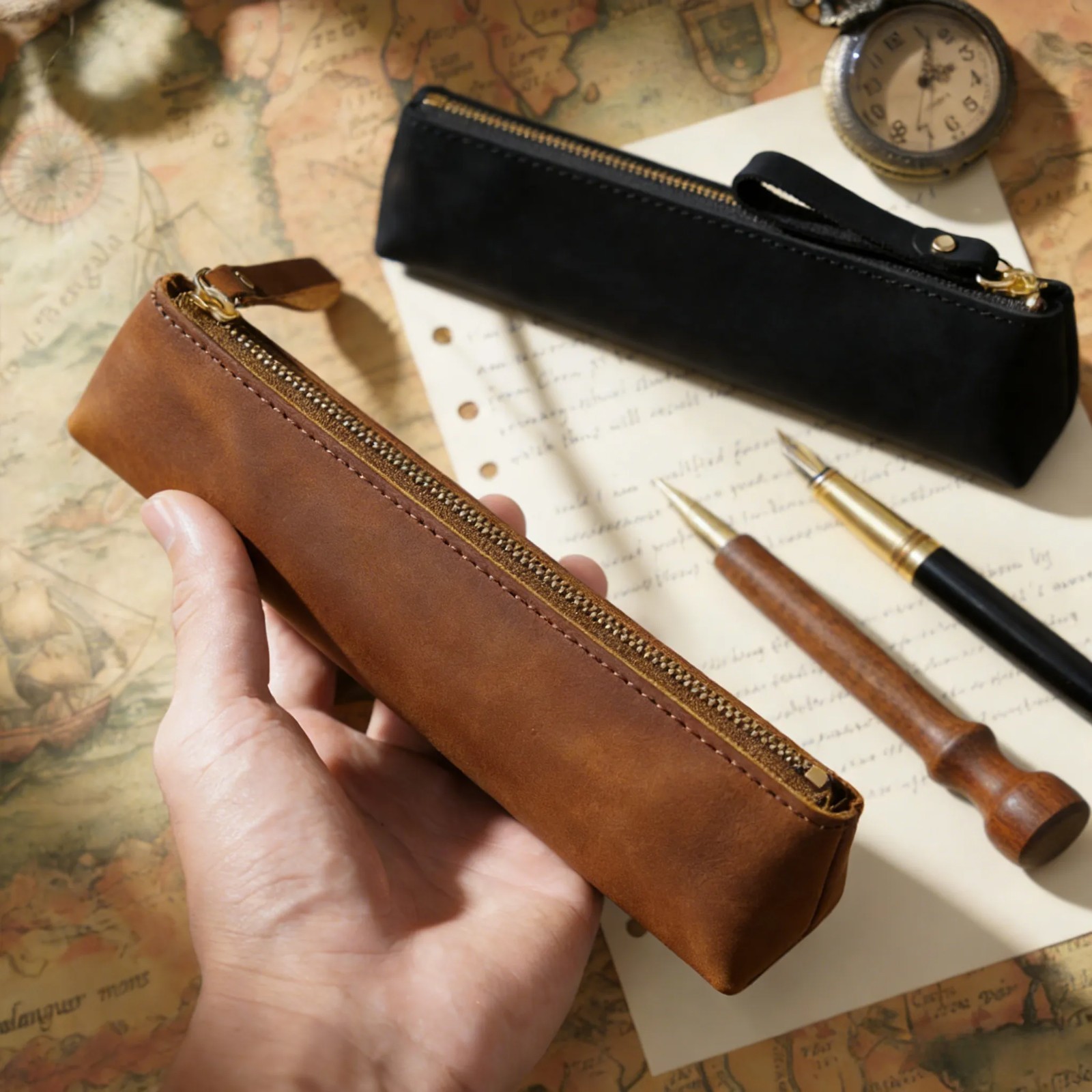 2Pcs Large Capacity Zip Leather Pencil Case - Ideal For School/College - Make up