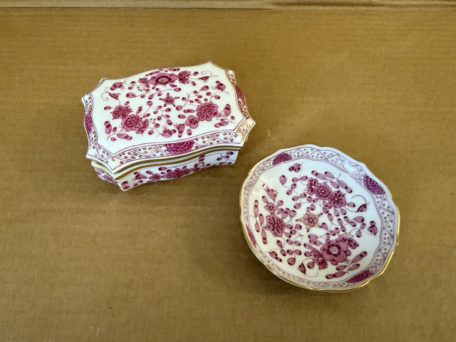 Meissen Porcelain Vanity Trinket Box with Lid & Small Dish Floral Pattern
