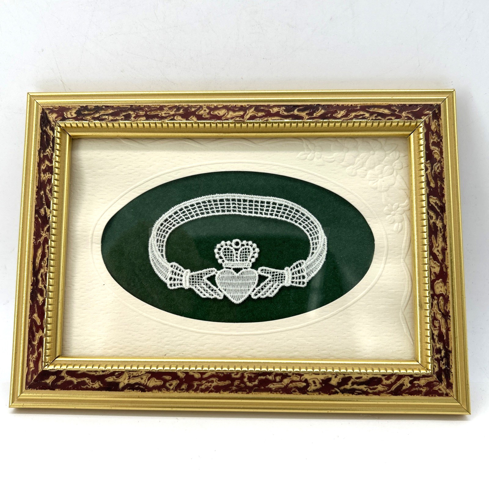 Framed Vintage Irish Lace Doily With Claddagh Ring Motif 5x7