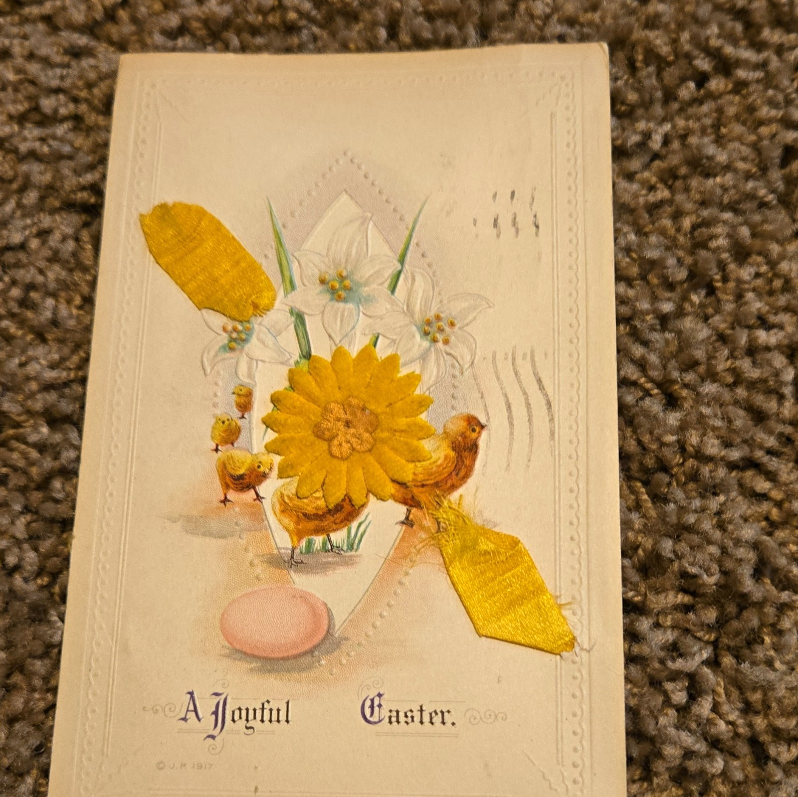 Antique 1917 Easter Postcard Embosssed Applied Fabric \