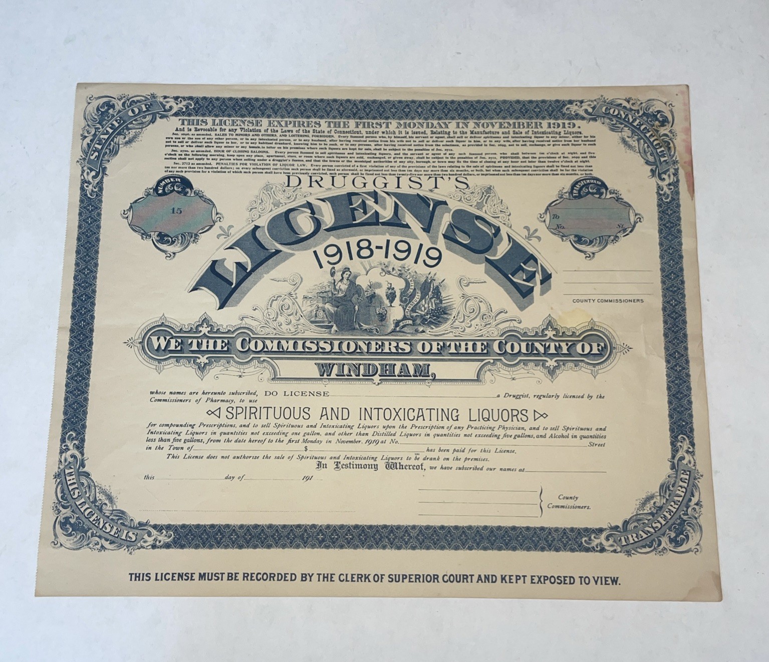 Antique Original 1918-1919 Liquor License, Windham Connecticut