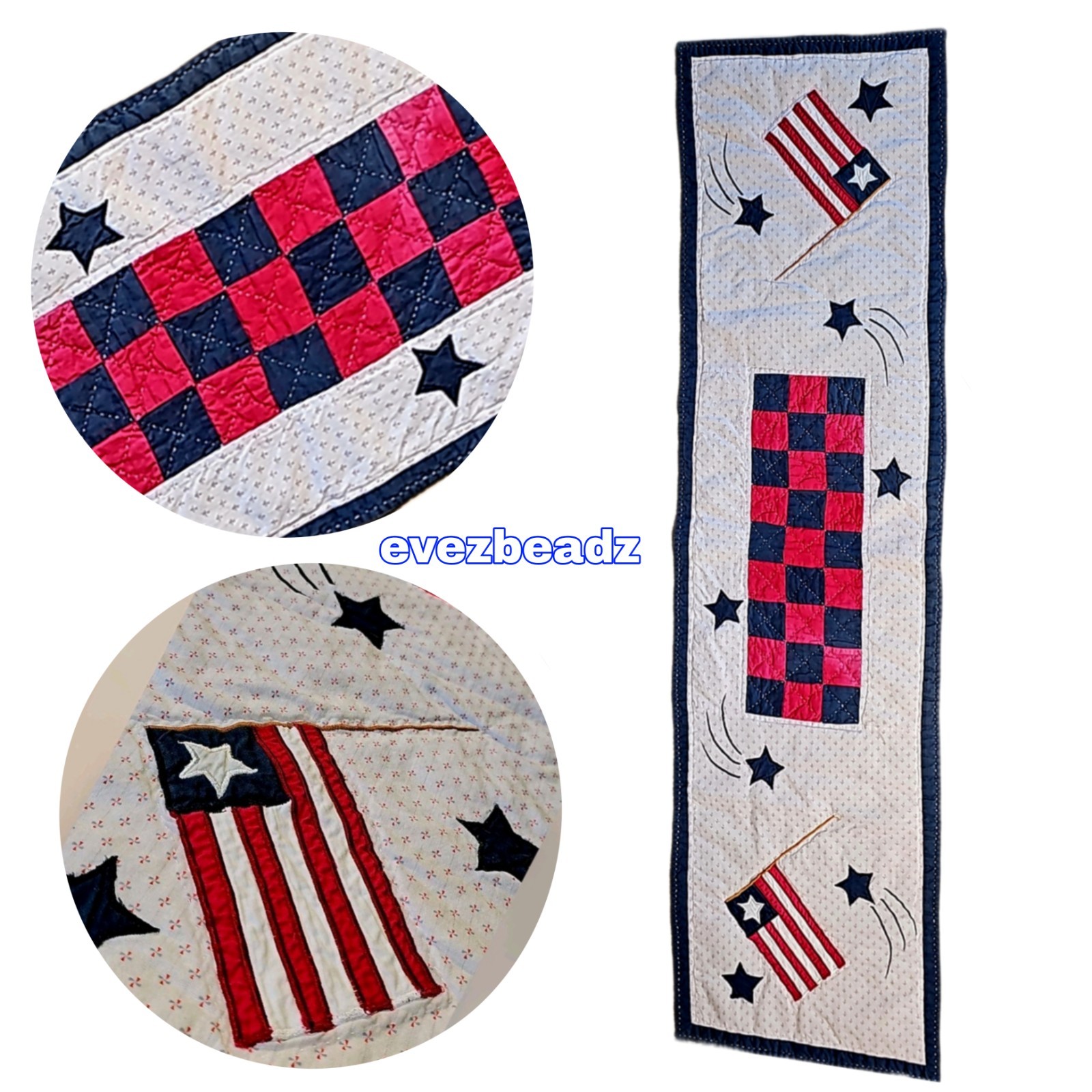 EvezBeadz Vintage Quilted Table Runner Americana Flag & Stars Checkerboard 48\