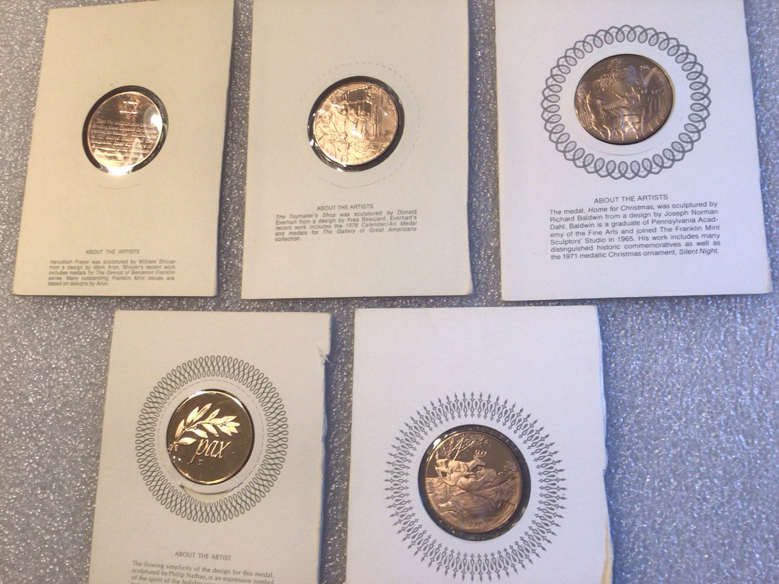 (5) FRANKLIN MINT PROOF 1970'S CHRISTMAS MEDALLION GREETING CARDS NEW