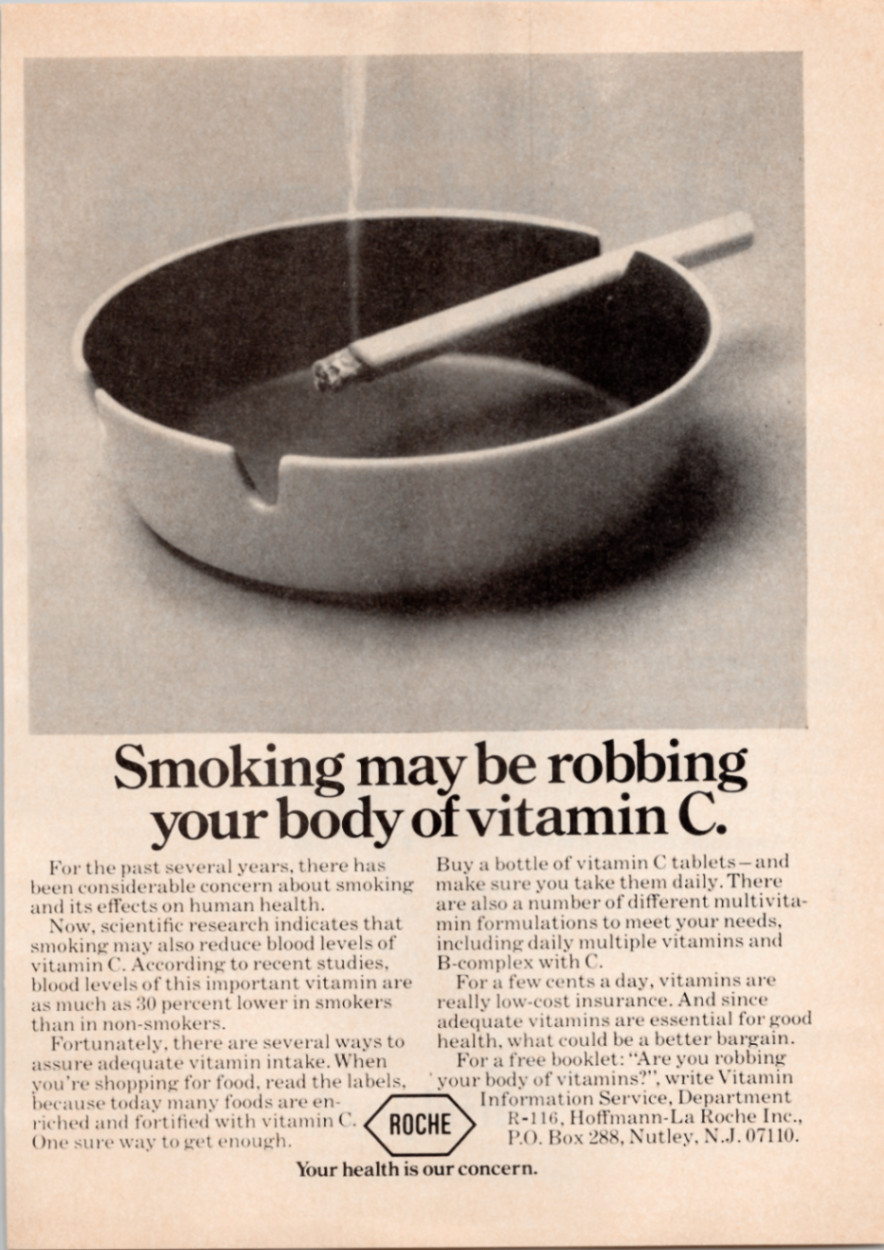 Roche Vitamin C Smoking Health Vintage 1970s Magazine Ad B&W Photo Pharma