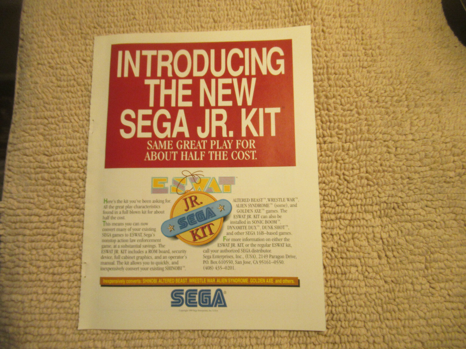 ORIGINAL  11- 8.5'' eswat jr kit  sega   ARCADE VIDEO GAME FLYER    