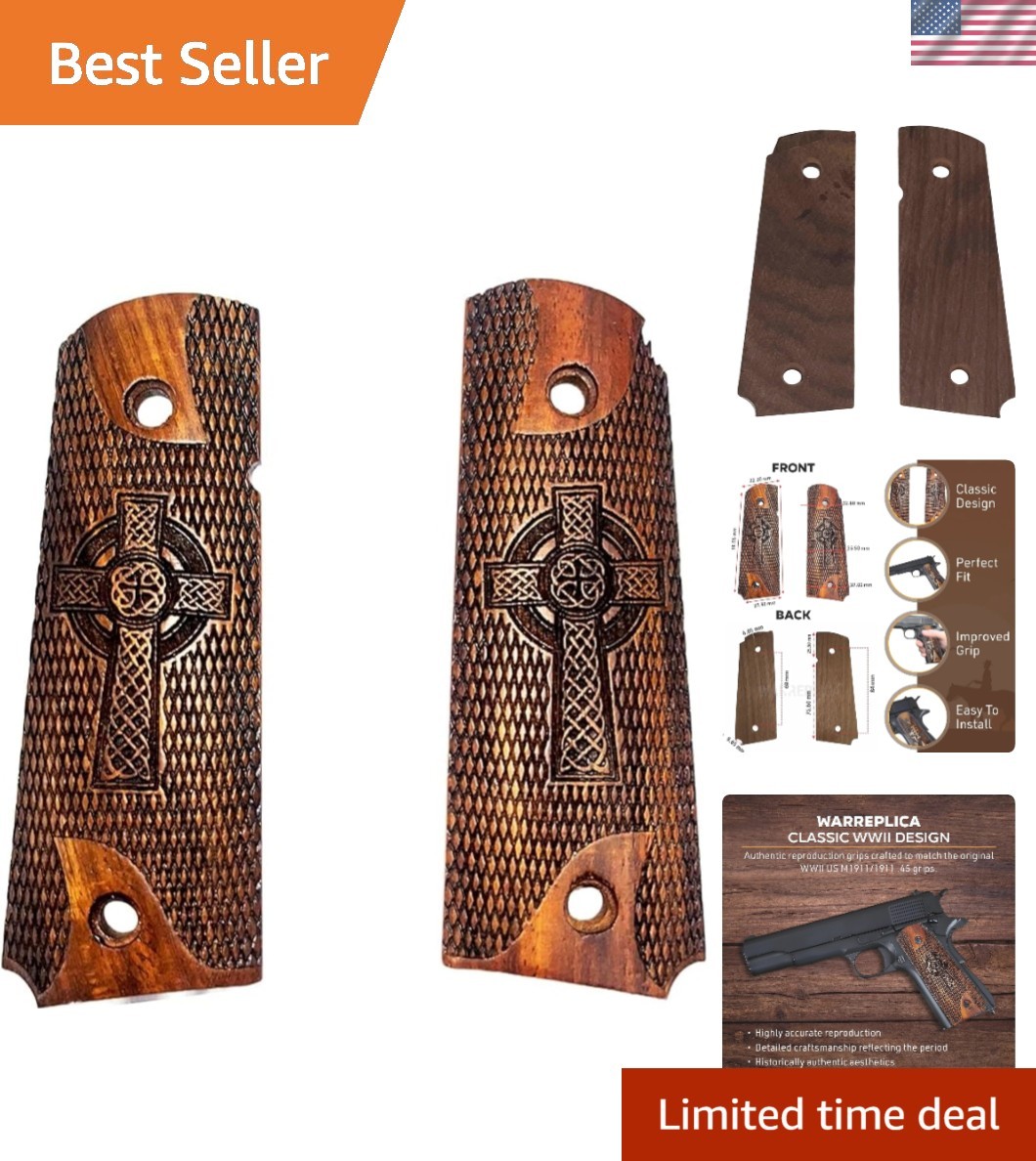 Celtic Cross M1911 Grips - Vintage Style Checkered Wooden Replacement Panel