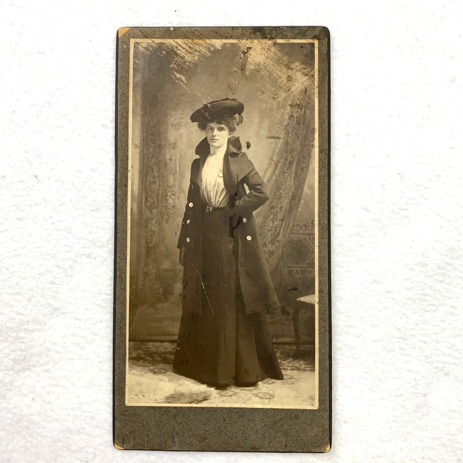 Antique 1890s Cabinet Card Woman in Edwardian Attire Long Coat White Blouse Hat