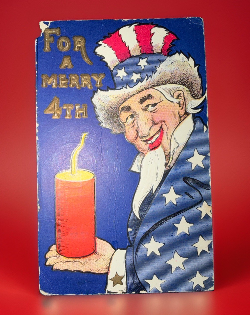 Antique 1908 Fourth of July Postcard Uncle Sam Firecracker Patriotic Embossed