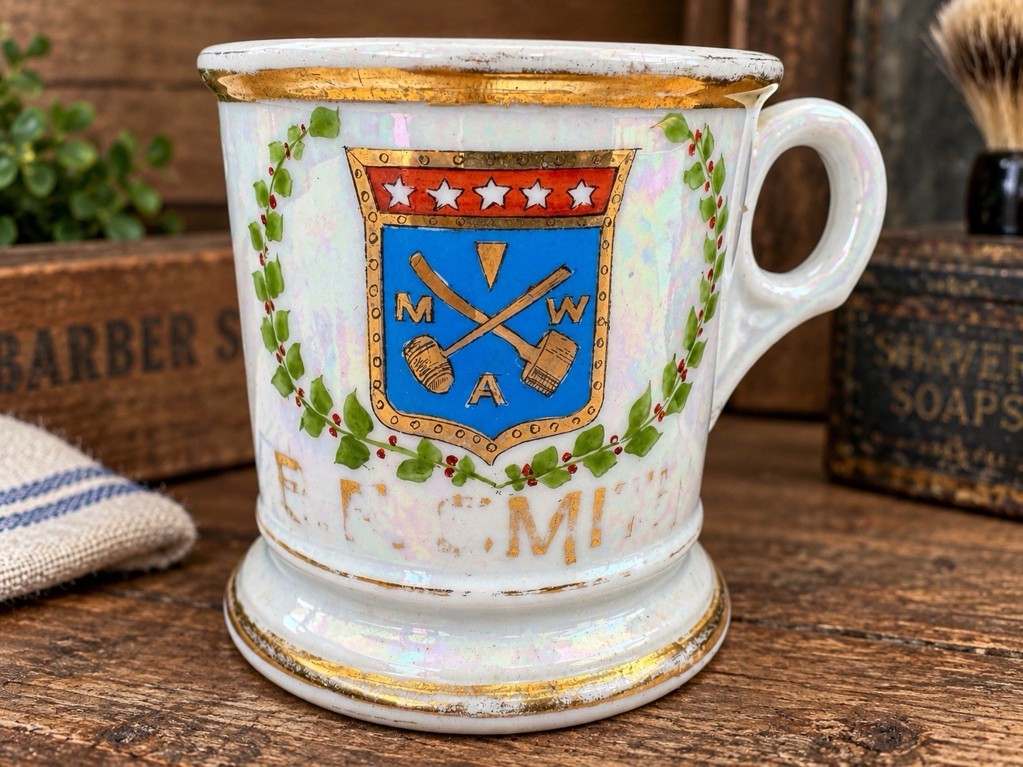 Antique Porcelain Modern Woodmen of America Shaving Mug Barber Supply Aug Kern