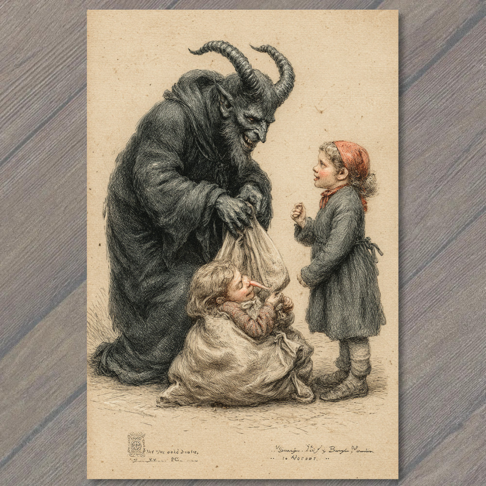 POSTCARD Krampus Carrying Child Sack Creepy Christmas Folklore Devil Vintage Sty