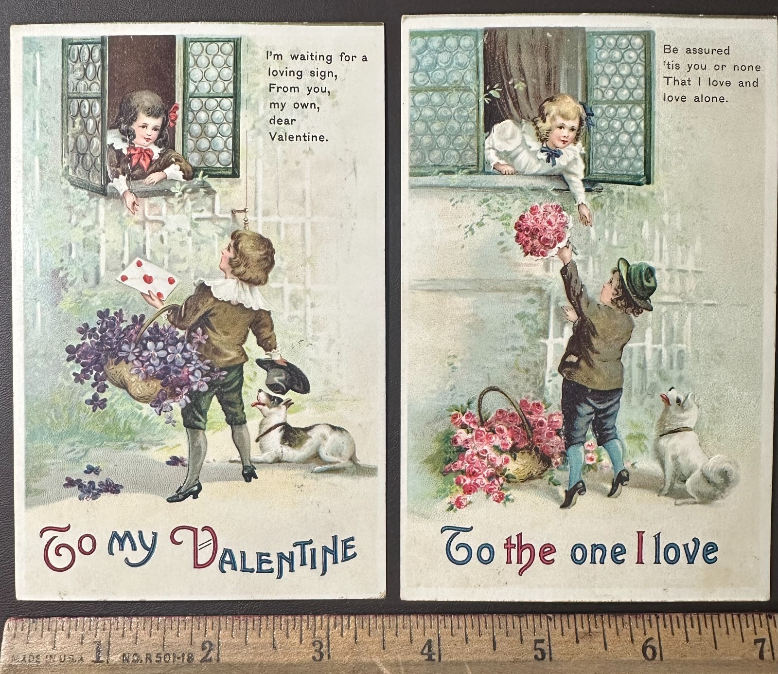 2 Antique Embossed Valentine Postcards Children Hearts c1913-14