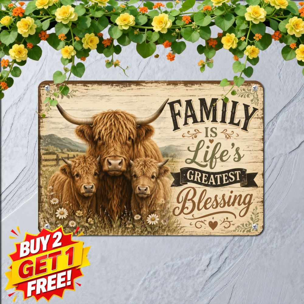 Highland Cow Family Love Tin Sign Sweet Farmhouse Heart Wall Plaque 8x12
