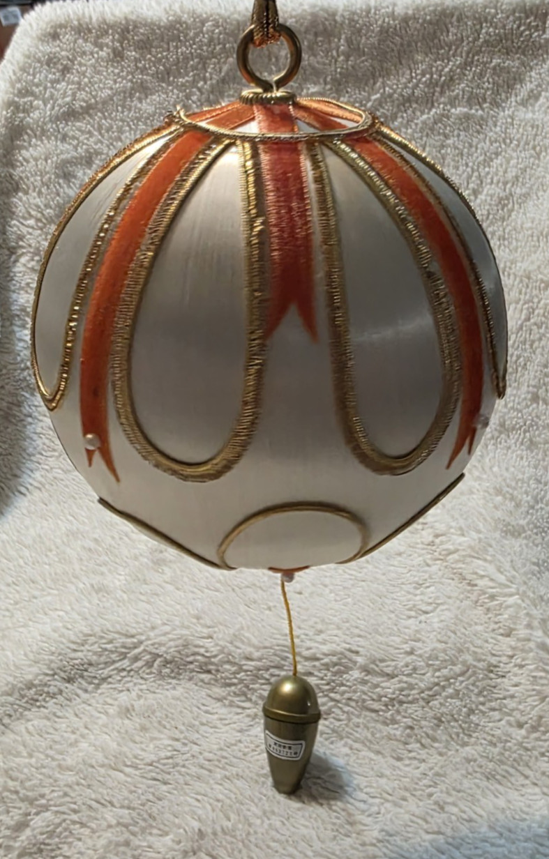 Vtg White Satin Ball Ornament Musical Pull String Jingle Bells Christmas Japan