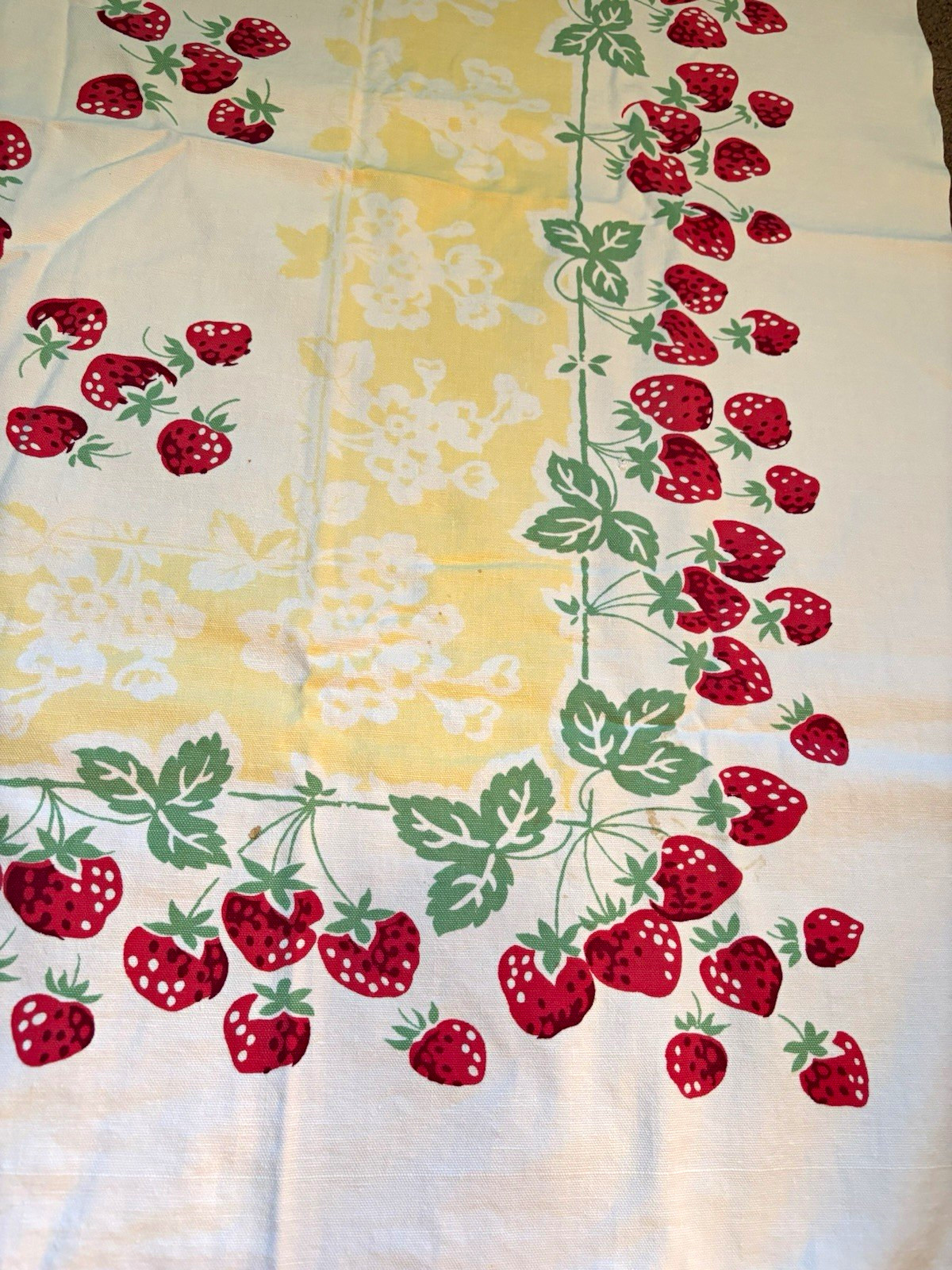 Vintage Strawberry Rectangular Cotton Fabric Tablecloth Yellow White Red Green