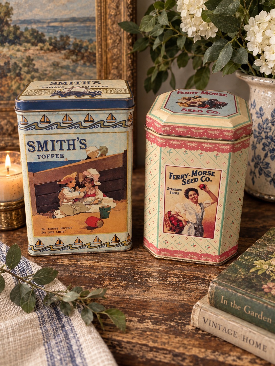 Charming Vintage Advertising Tin Set of 2: Smith's Toffee & Ferry-Morse Seed Co 