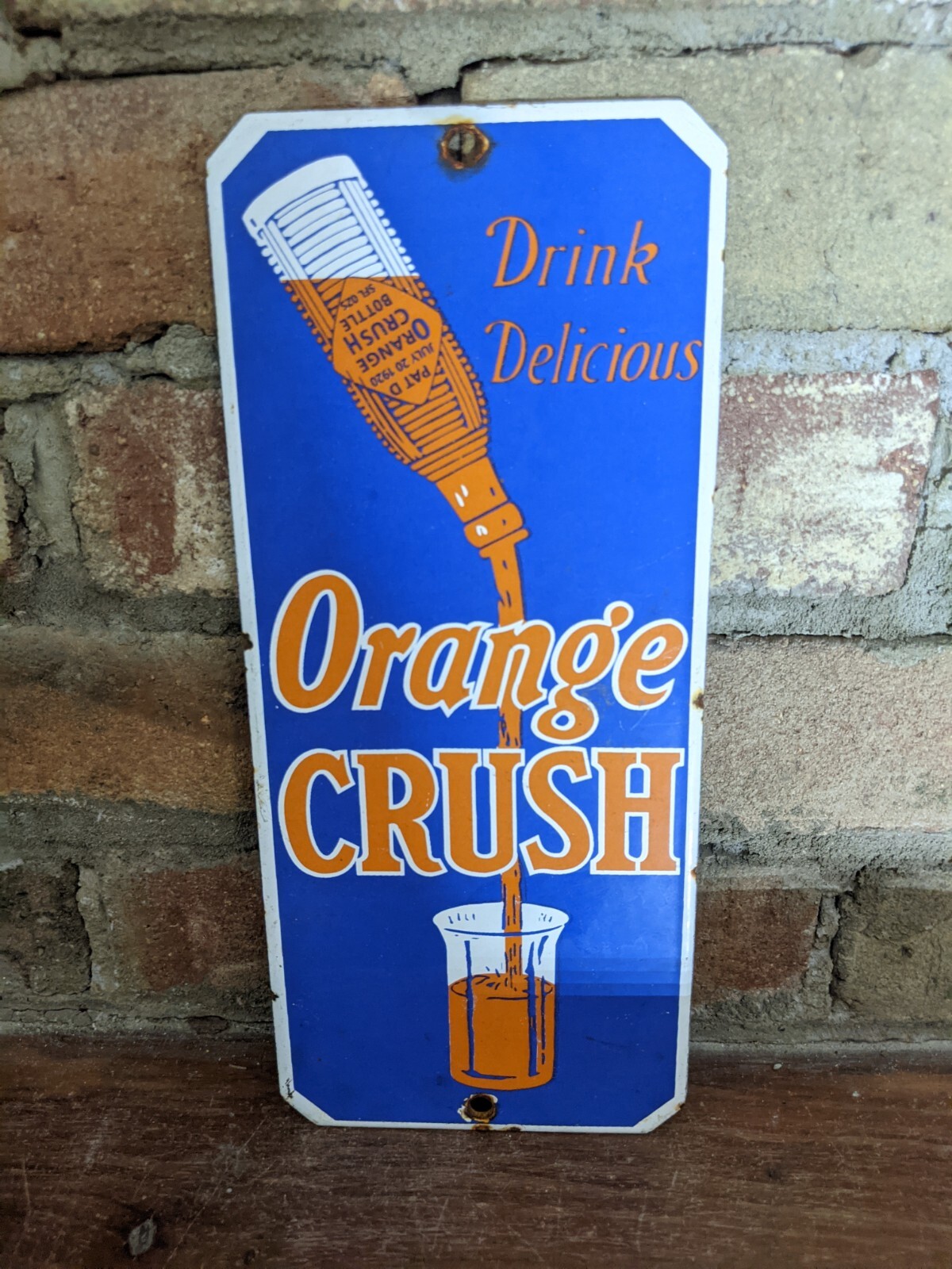 VINTAGE DRINK ORANGE CRUSH PORCELAIN GAS STATION SODA DIE CUT SIGN 10\