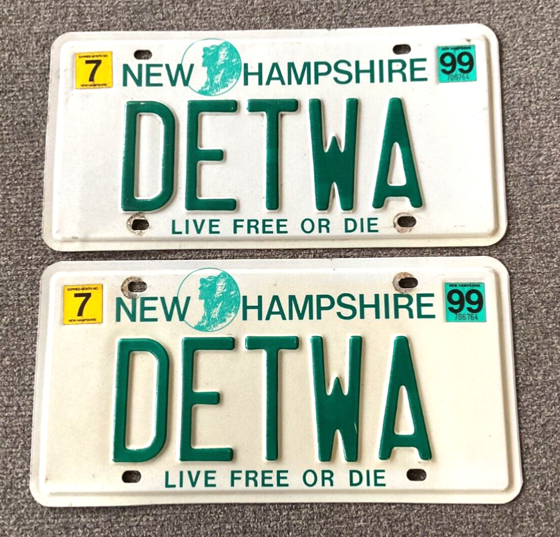 Nice 1999 NEW HAMPSHIRE License Plate Plates PAIR PERSONALIZED “DETWA” VANITY