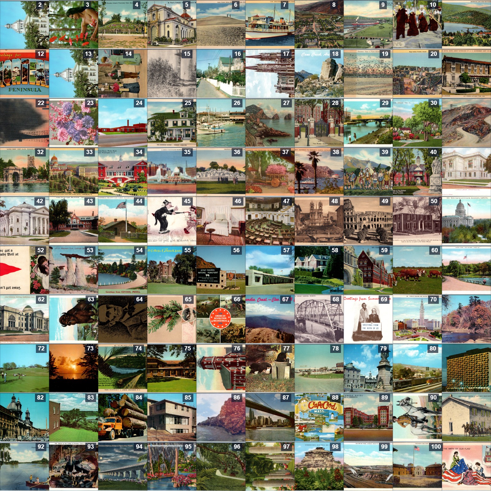 x100 LOT US Scenic Travel Postcard Mixed Linen Chrome View Buildings Landmarks