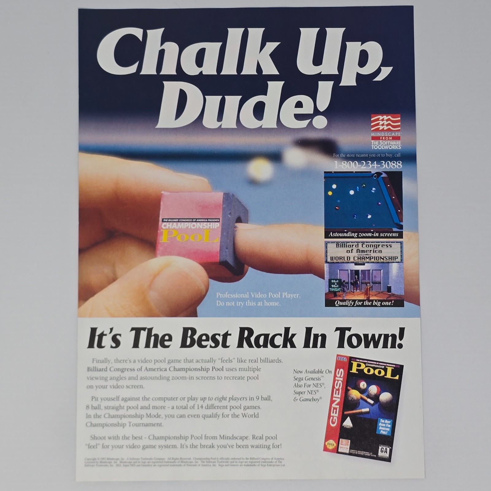 Championship Pool Sega Genesis Chalk Up Dude Print Ad/Poster