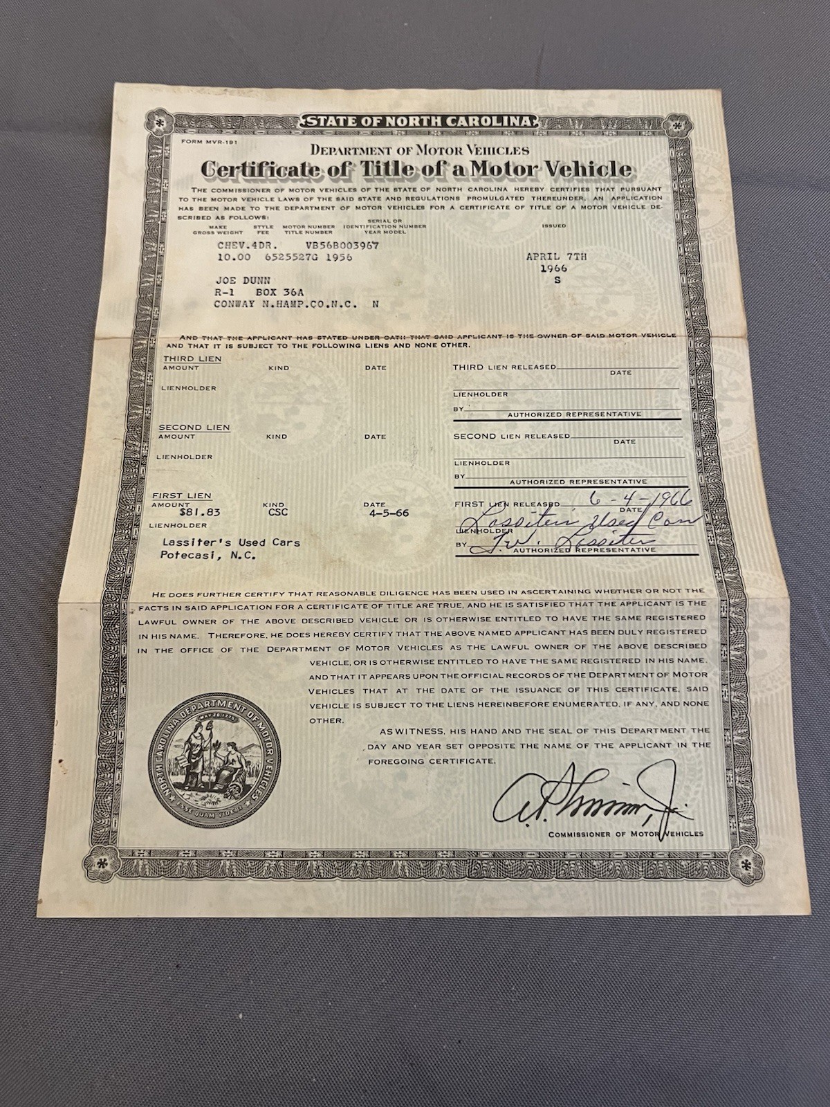 Genuine Original 1956 Chevrolet 210 4 Door NC Car Title VB56B