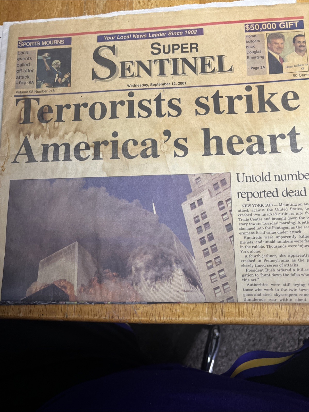 2001 9/11 Newspapers • ATTACKED & Bush Get Ready for War • 2 Front Sections